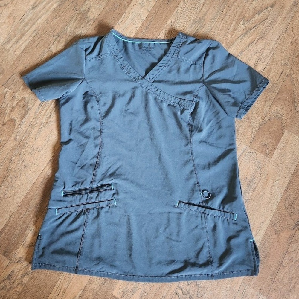 ScrubStar Women Grey Mock Wrap V-Neck Scrub Top Short Sleeve Zipper Pocket S 337